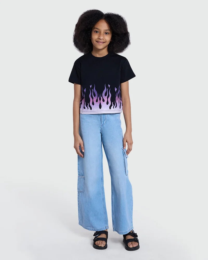 Ovs Black Tee With Front Flare Detail  Girls